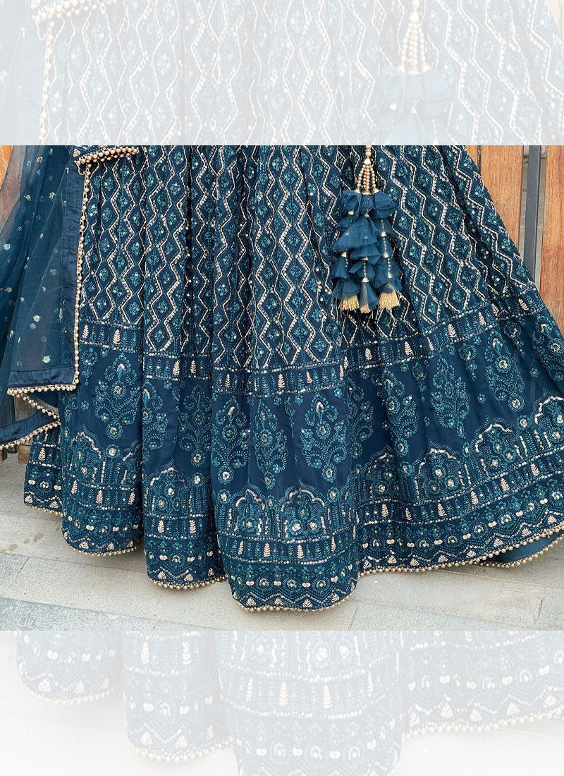 Aesthetically Sequence Embroidered Blue Georgette Lehenga Choli