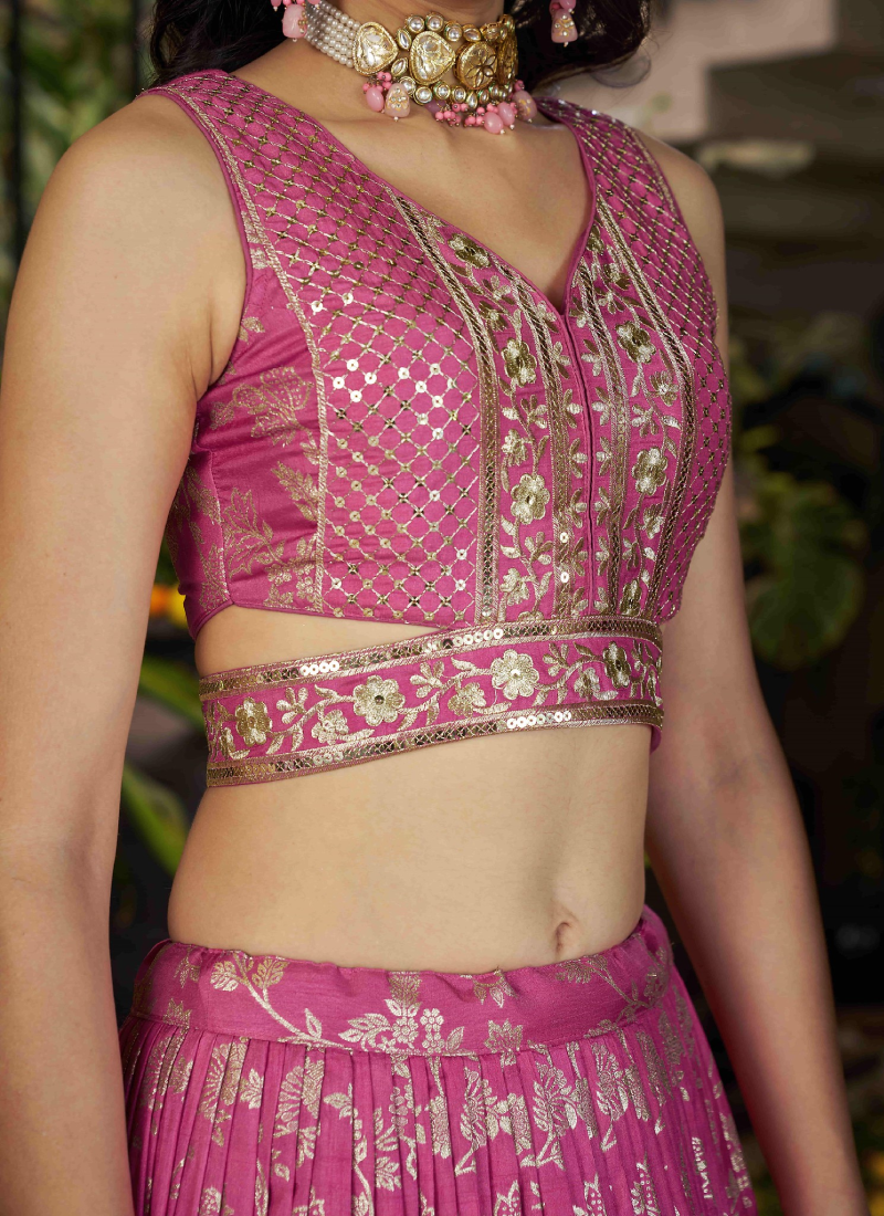Aesthetically Sequence Weaving Embroidery Jacquard Pink Lehenga Choli