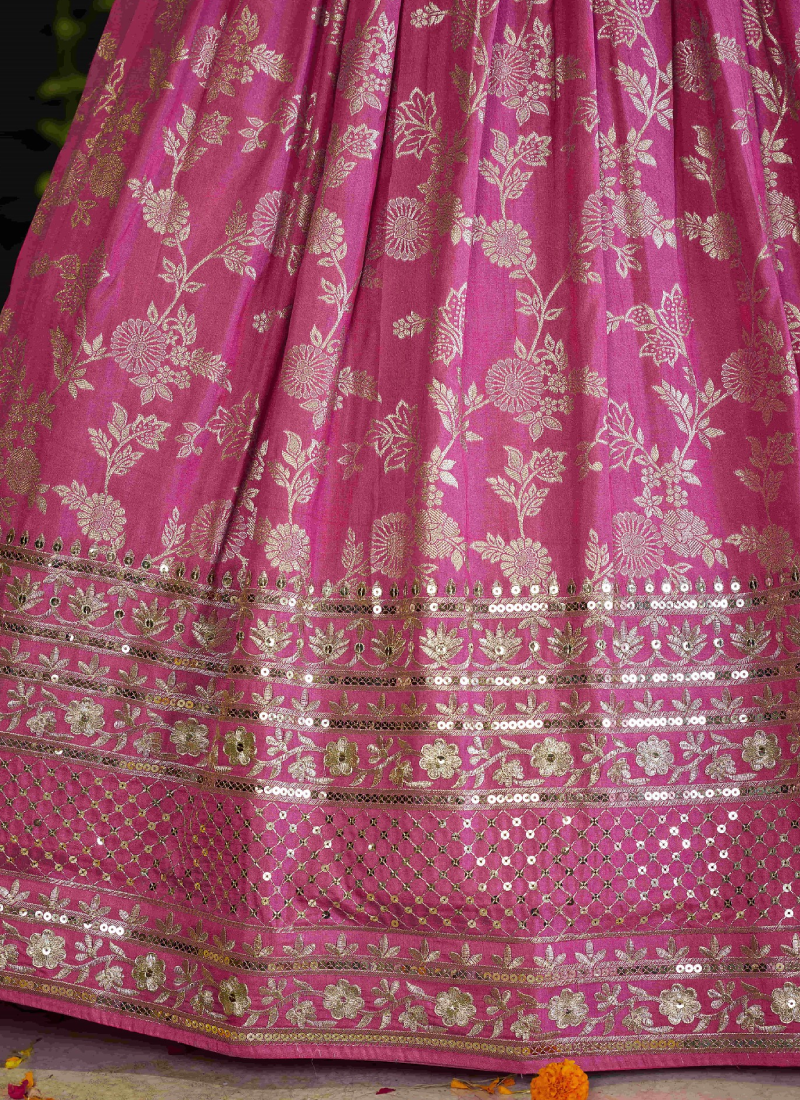 Aesthetically Sequence Weaving Embroidery Jacquard Pink Lehenga Choli
