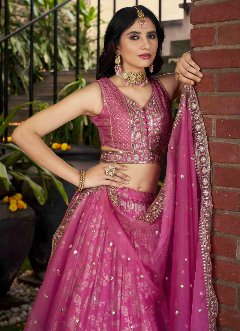 Aesthetically Sequence Weaving Embroidery Jacquard Pink Lehenga Choli