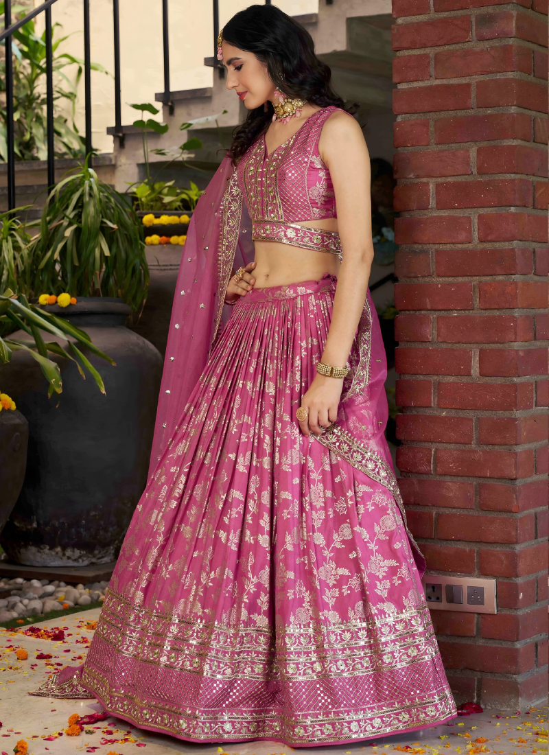 Aesthetically Sequence Weaving Embroidery Jacquard Pink Lehenga Choli