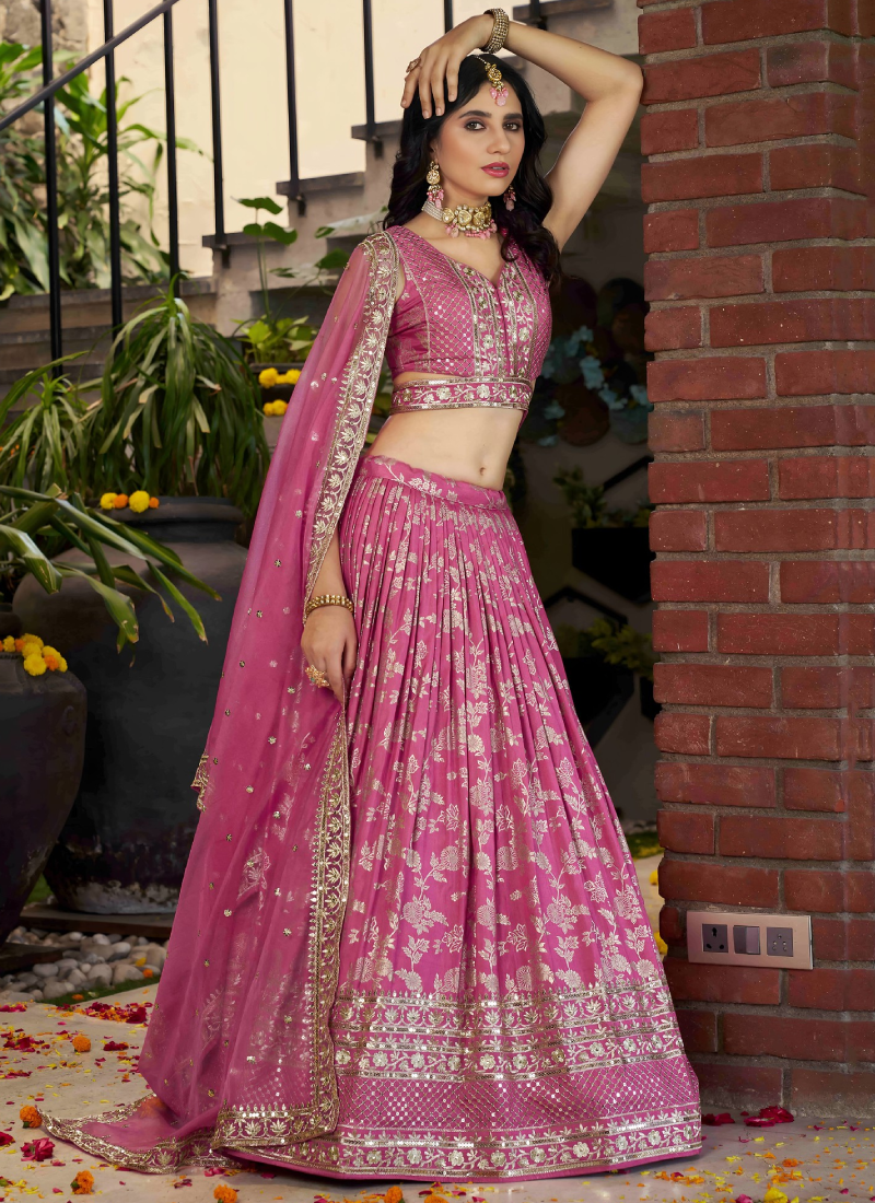Aesthetically Sequence Weaving Embroidery Jacquard Pink Lehenga Choli
