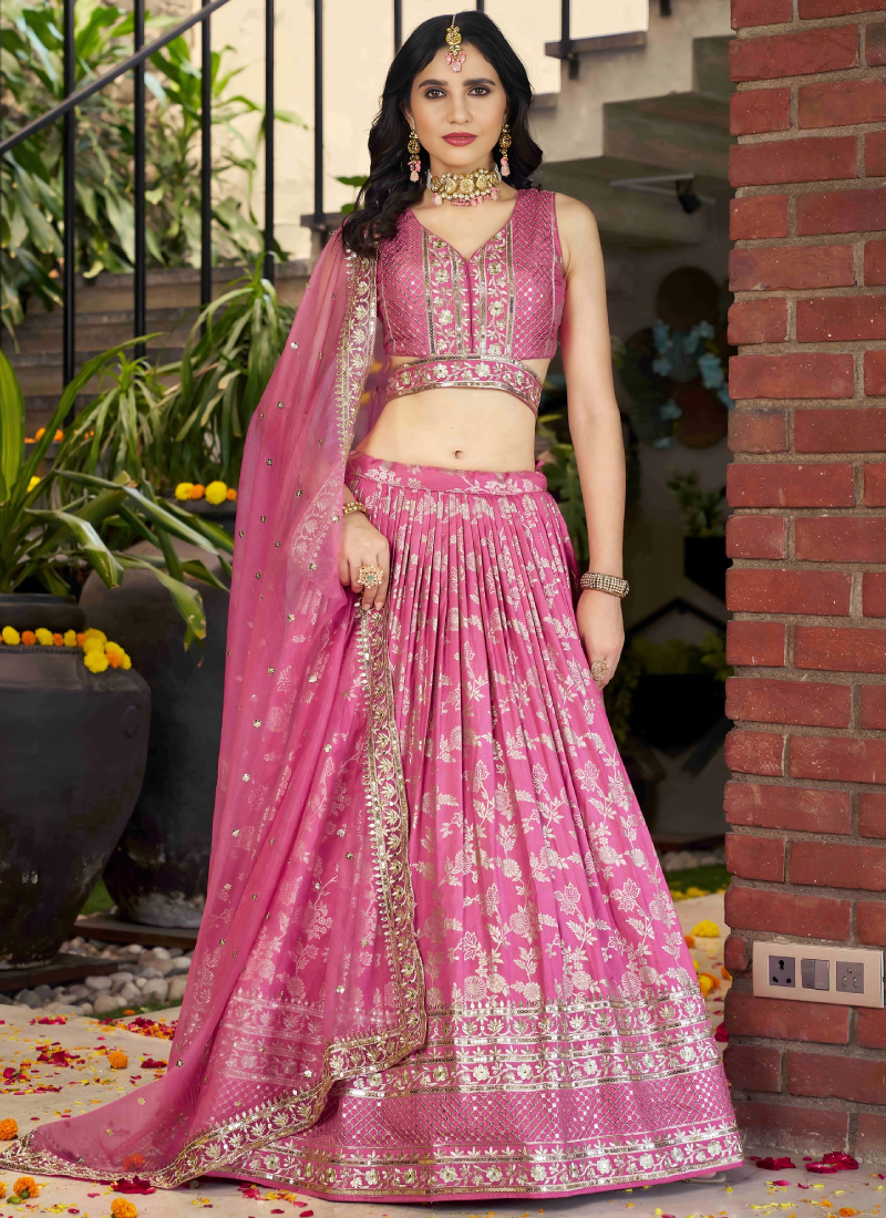 Aesthetically Sequence Weaving Embroidery Jacquard Pink Lehenga Choli