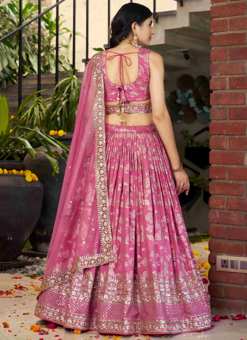 Aesthetically Sequence Weaving Embroidery Jacquard Pink Lehenga Choli