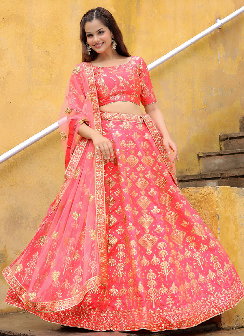 Aesthetically Zari Embroidered Peach Silk Lehenga Choli For Wedding