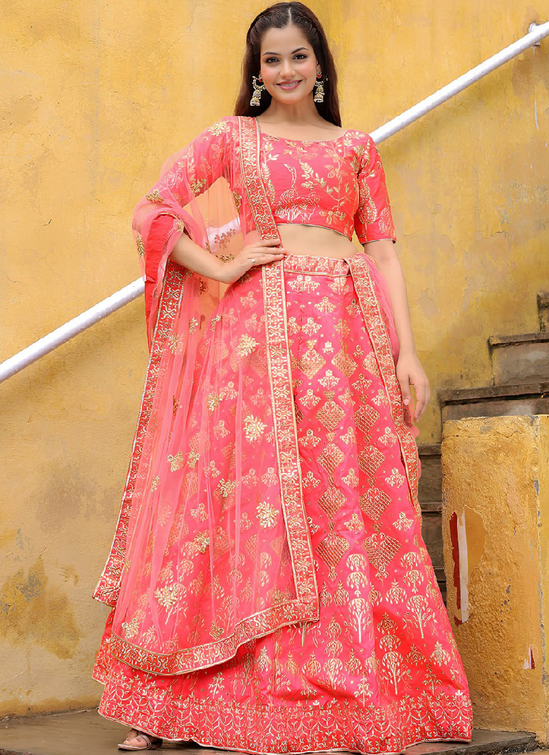 Aesthetically Zari Embroidered Peach Silk Lehenga Choli For Wedding