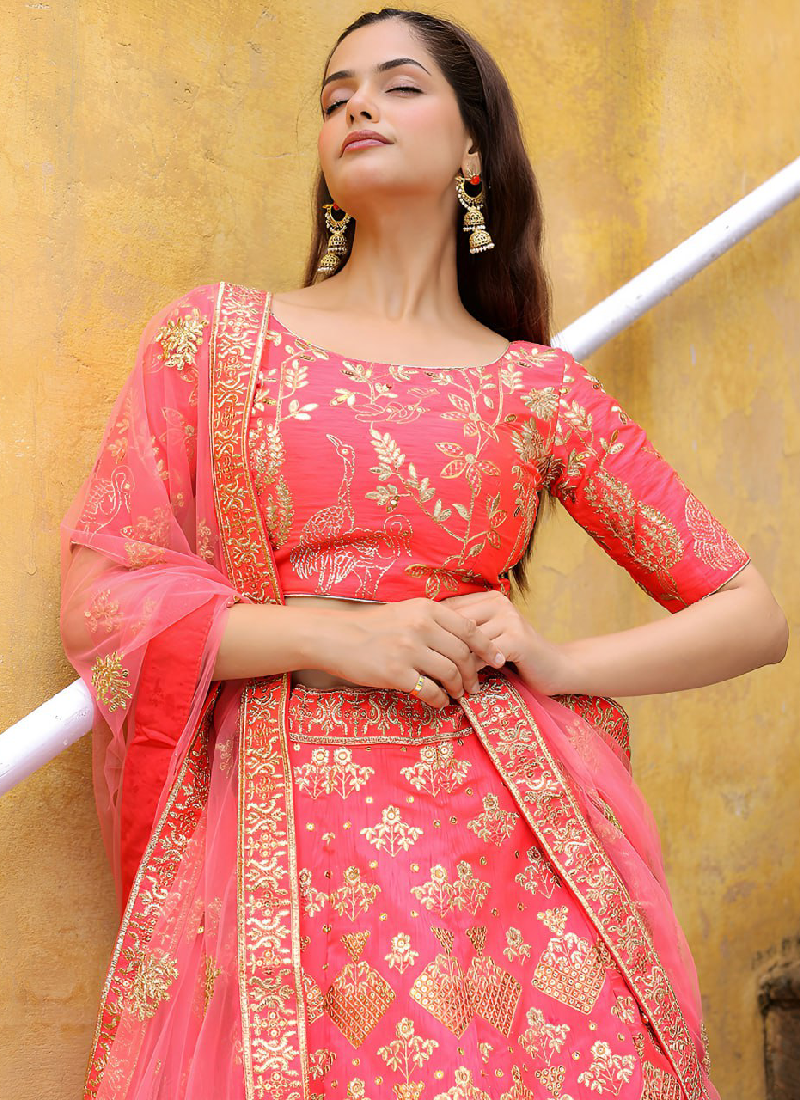 Aesthetically Zari Embroidered Peach Silk Lehenga Choli For Wedding