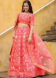 Aesthetically Zari Embroidered Peach Silk Lehenga Choli For Wedding