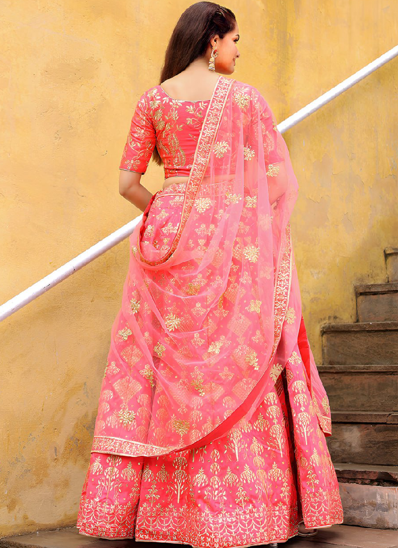 Aesthetically Zari Embroidered Peach Silk Lehenga Choli For Wedding