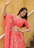 Aesthetically Zari Embroidered Peach Silk Lehenga Choli For Wedding