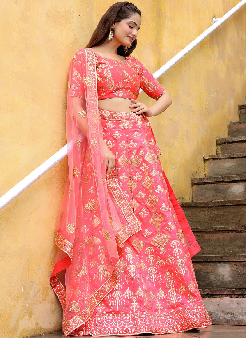 Aesthetically Zari Embroidered Peach Silk Lehenga Choli For Wedding