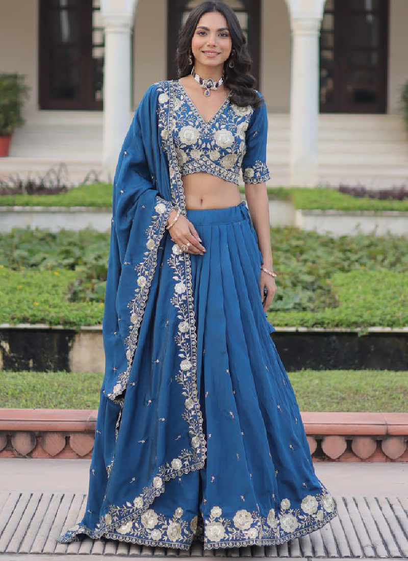 Aesthetically Zari Sequence Work Vichitra Silk Blue Lehenga Choli Set