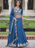 Aesthetically Zari Sequence Work Vichitra Silk Blue Lehenga Choli Set