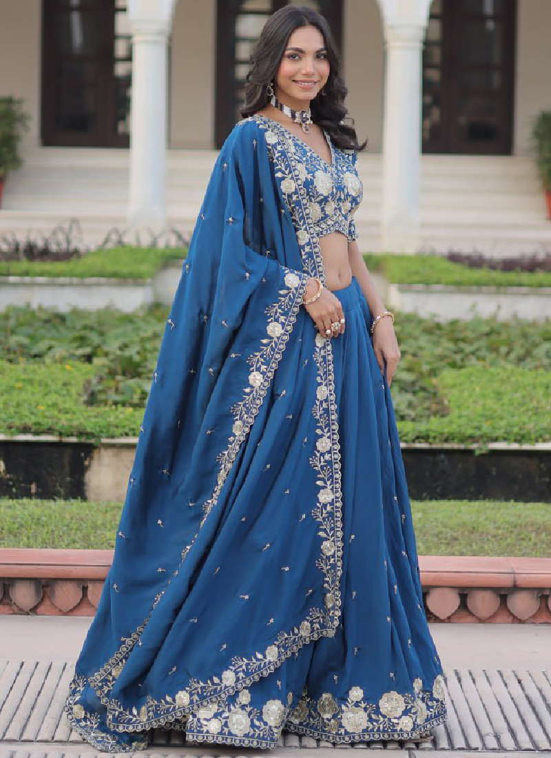 Aesthetically Zari Sequence Work Vichitra Silk Blue Lehenga Choli Set