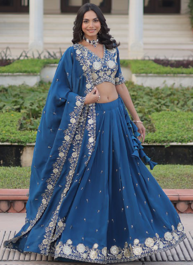 Aesthetically Zari Sequence Work Vichitra Silk Blue Lehenga Choli Set