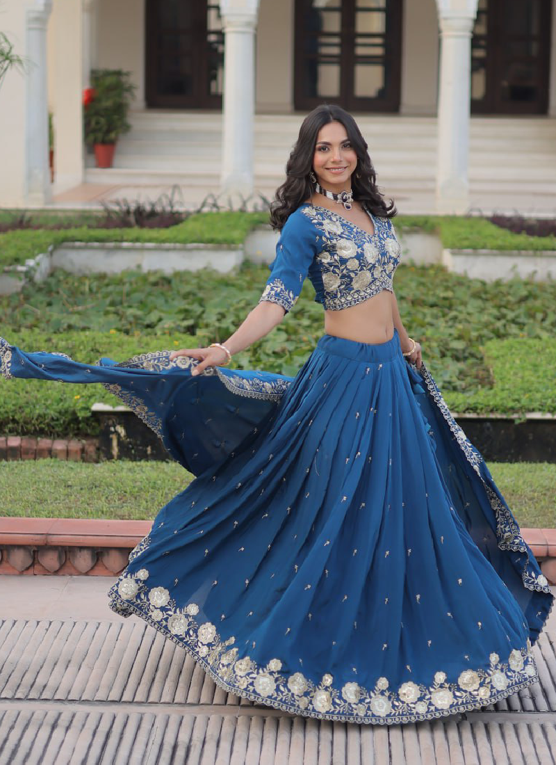 Aesthetically Zari Sequence Work Vichitra Silk Blue Lehenga Choli Set
