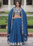 Aesthetically Zari Sequence Work Vichitra Silk Blue Lehenga Choli Set