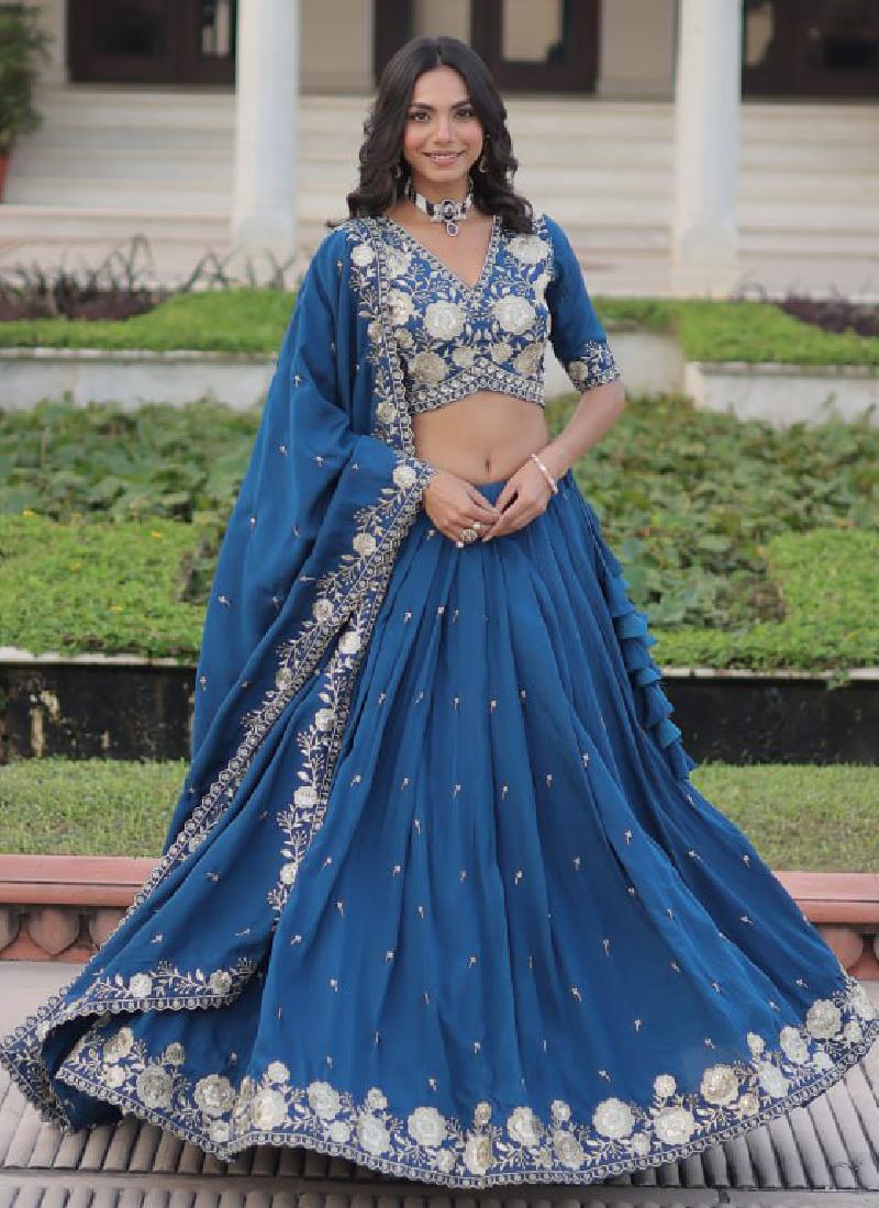Aesthetically Zari Sequence Work Vichitra Silk Blue Lehenga Choli Set