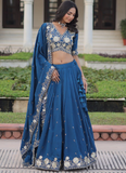 Aesthetically Zari Sequence Work Vichitra Silk Blue Lehenga Choli Set