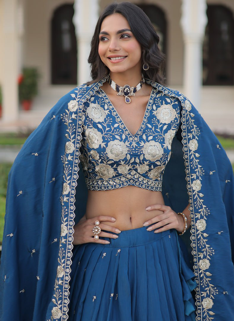 Aesthetically Zari Sequence Work Vichitra Silk Blue Lehenga Choli Set
