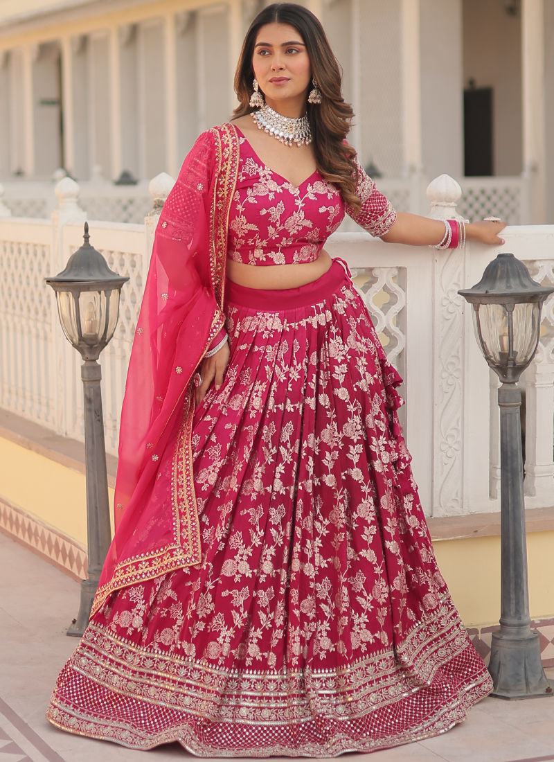 Aesthetically Zari Work Pure Viscose Jacquard Pink Lehenga Choli