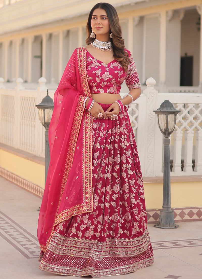 Aesthetically Zari Work Pure Viscose Jacquard Pink Lehenga Choli