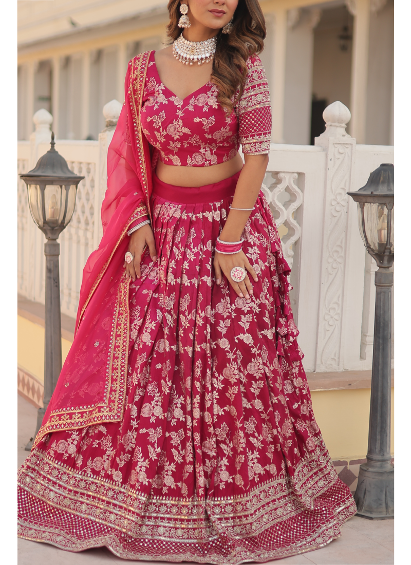 Aesthetically Zari Work Pure Viscose Jacquard Pink Lehenga Choli