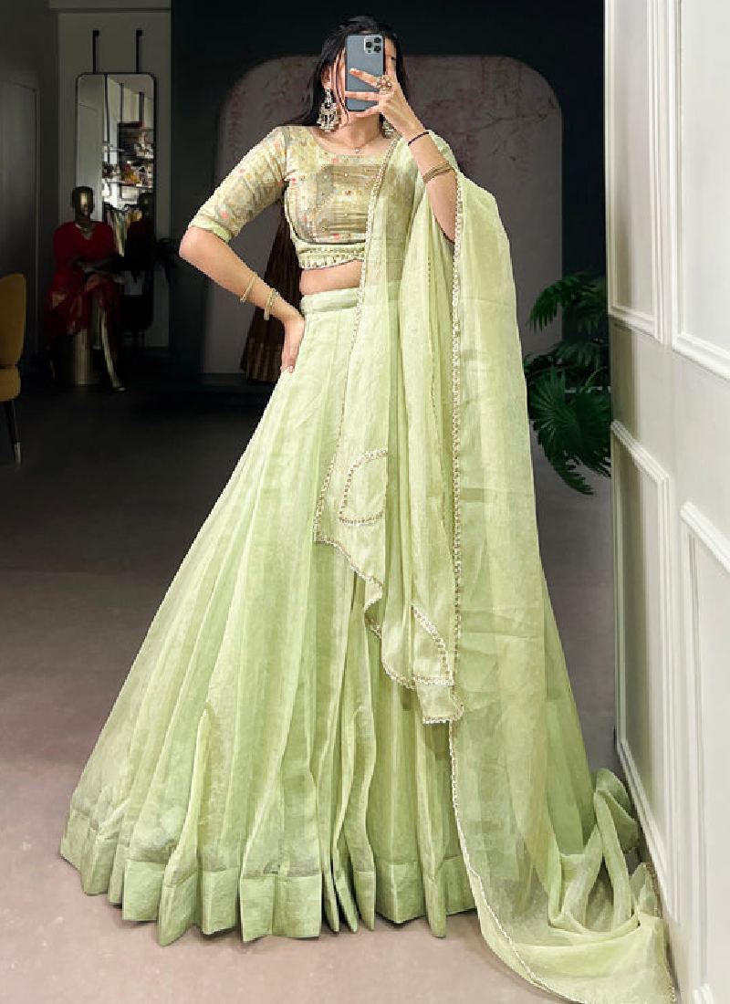 Allen Crush Pista Green Lehenga With Sequence Embroidery Work Blouse