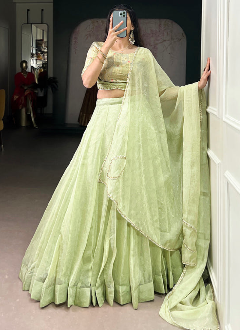 Allen Crush Pista Green Lehenga With Sequence Embroidery Work Blouse
