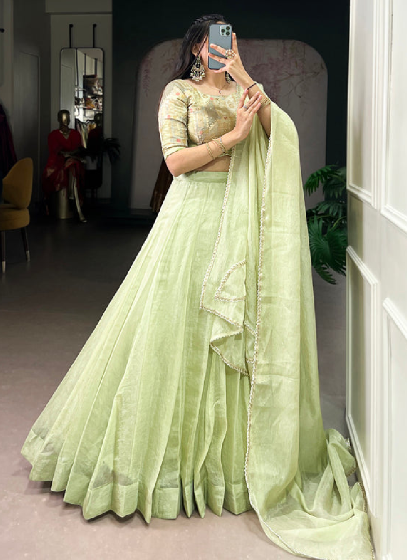 Allen Crush Pista Green Lehenga With Sequence Embroidery Work Blouse