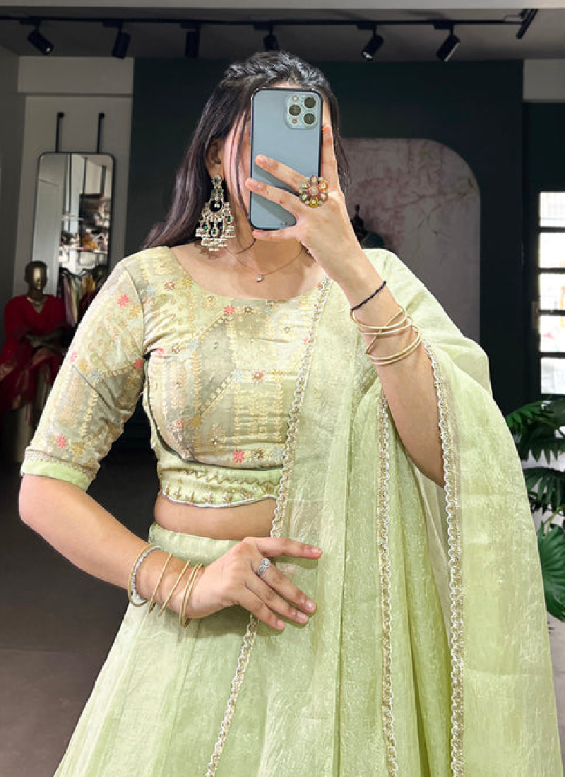 Allen Crush Pista Green Lehenga With Sequence Embroidery Work Blouse
