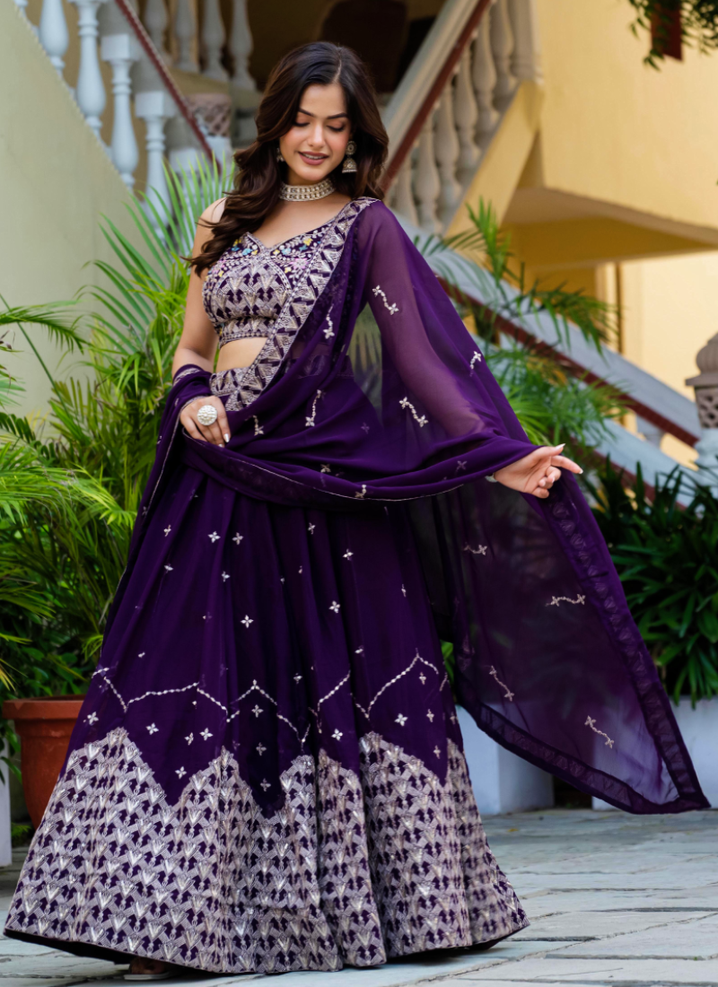 Alluring Zari Sequence Work Purple Party Wear Georgette Lehenga Choli