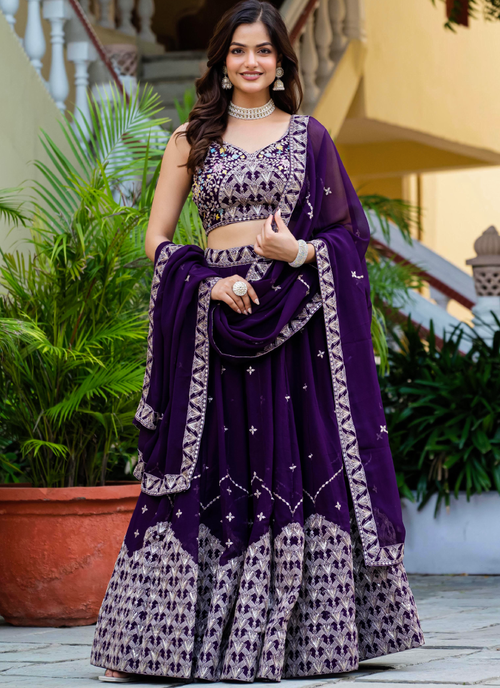 Alluring Zari Sequence Work Purple Party Wear Georgette Lehenga Choli