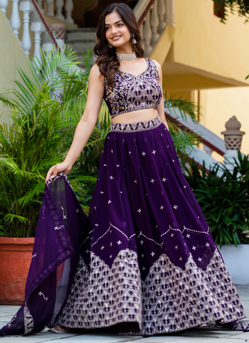 Alluring Zari Sequence Work Purple Party Wear Georgette Lehenga Choli