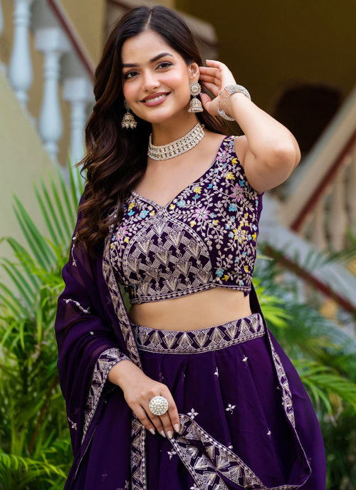 Alluring Zari Sequence Work Purple Party Wear Georgette Lehenga Choli