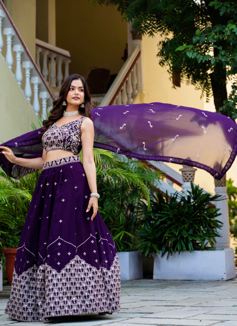 Alluring Zari Sequence Work Purple Party Wear Georgette Lehenga Choli