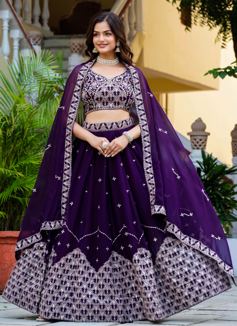 Alluring Zari Sequence Work Purple Party Wear Georgette Lehenga Choli