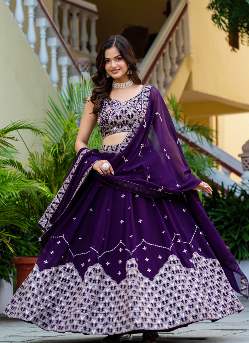 Alluring Zari Sequence Work Purple Party Wear Georgette Lehenga Choli