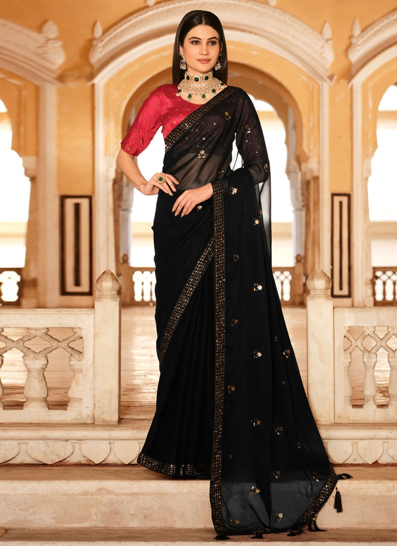 Amazing Chinon Silk Black Thread Embroidered Saree With Blouse