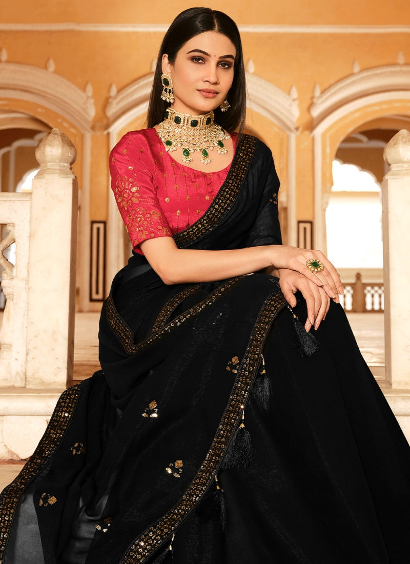 Amazing Chinon Silk Black Thread Embroidered Saree With Blouse