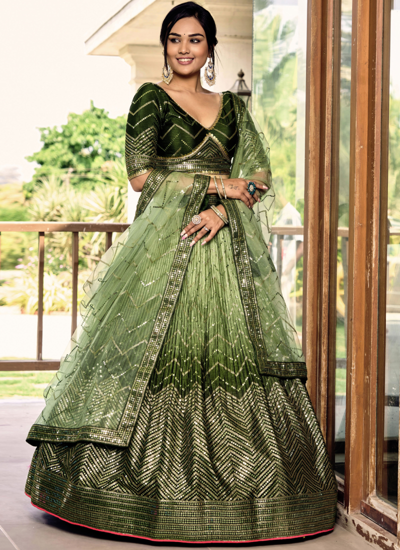 Amazing Embroidered Work Chinon Silk Mehendi Green Lehenga Choli