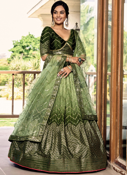 Amazing Embroidered Work Chinon Silk Mehendi Green Lehenga Choli