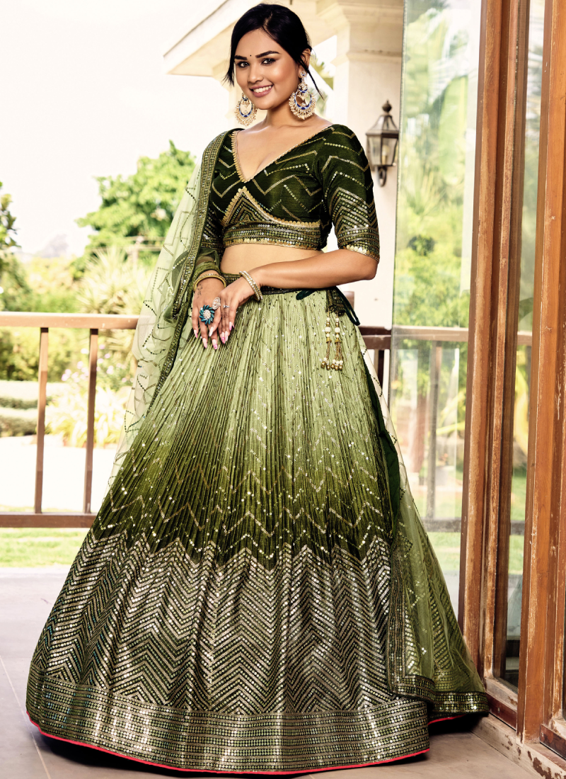 Amazing Embroidered Work Chinon Silk Mehendi Green Lehenga Choli