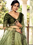 Amazing Embroidered Work Chinon Silk Mehendi Green Lehenga Choli