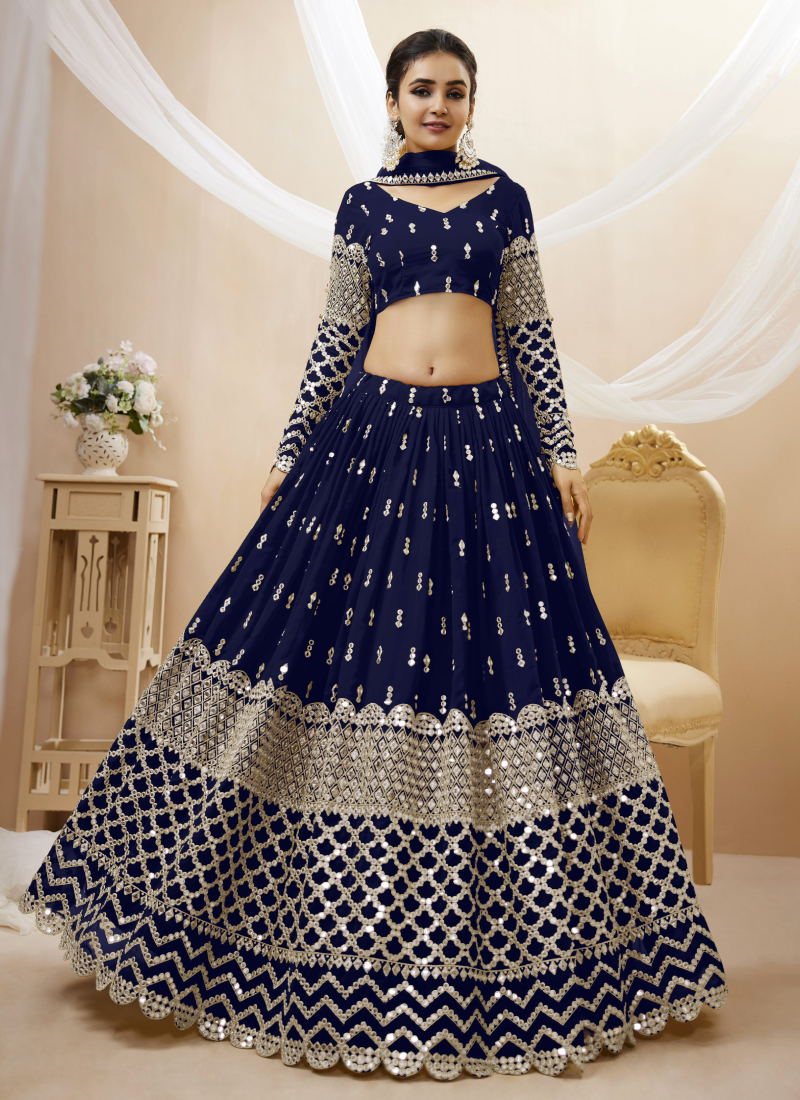 Amazing Navy Blue Georgette Zari Embroidered Lehenga Choli