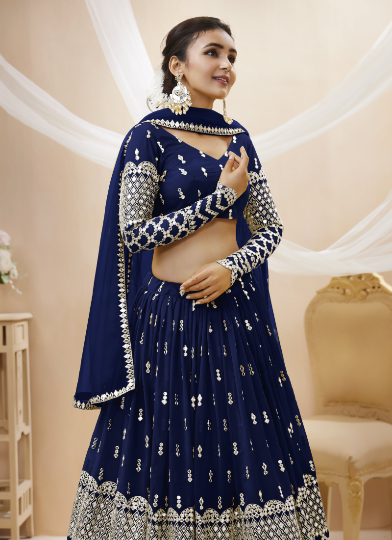 Amazing Navy Blue Georgette Zari Embroidered Lehenga Choli