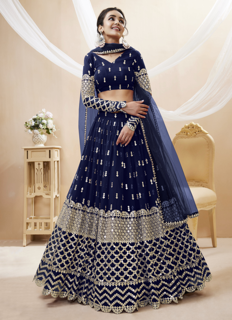 Amazing Navy Blue Georgette Zari Embroidered Lehenga Choli