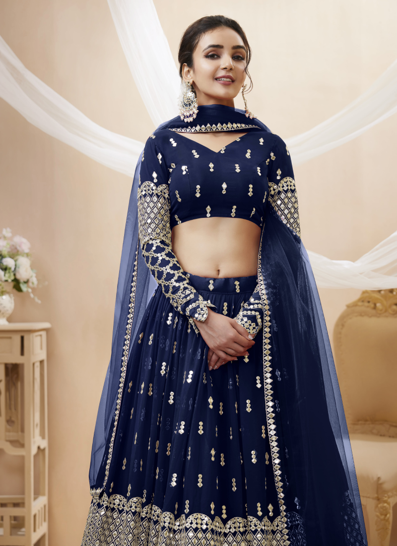 Amazing Navy Blue Georgette Zari Embroidered Lehenga Choli