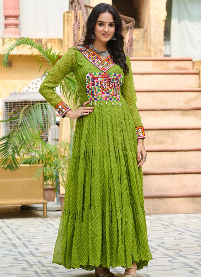 Amazing Parrot Green Georgette Gamthi Work Gown For Navratri Festival