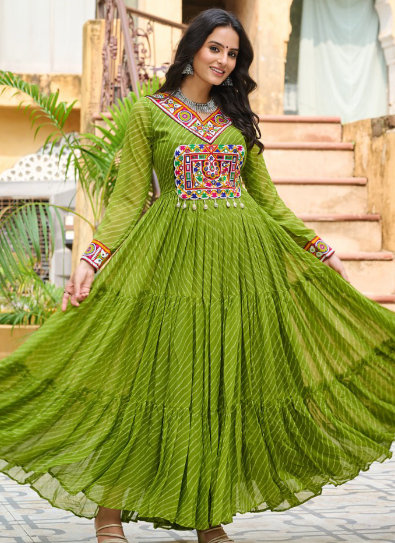 Amazing Parrot Green Georgette Gamthi Work Gown For Navratri Festival